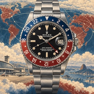 Op de afbeelding: Een roestvrijstalen Rolex GMT-Master polshorloge met een zwarte wijzerplaat, een rood-blauwe bidirectionele ring en een datumvenster op de drie-uurpositie. Het horloge is geplaatst tegen een achtergrond met een wereldkaart en een vliegtuig.