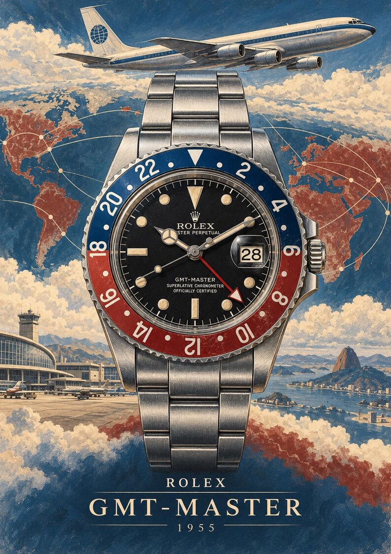 Op de afbeelding: Een roestvrijstalen Rolex GMT-Master polshorloge met een zwarte wijzerplaat, een rood-blauwe bidirectionele ring en een datumvenster op de drie-uurpositie. Het horloge is geplaatst tegen een achtergrond met een wereldkaart en een vliegtuig.