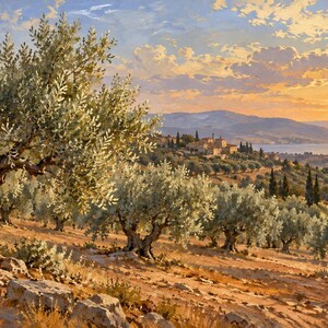 May include: An oil painting of an olive grove on a hillside at sunset. The foreground features gnarled olive trees with silvery-green leaves and textured trunks. In the distance, a small village sits near a lake under a golden, cloudy sky.