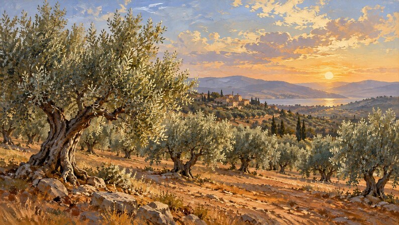 May include: An oil painting of an olive grove on a hillside at sunset. The foreground features gnarled olive trees with silvery-green leaves and textured trunks. In the distance, a small village sits near a lake under a golden, cloudy sky.