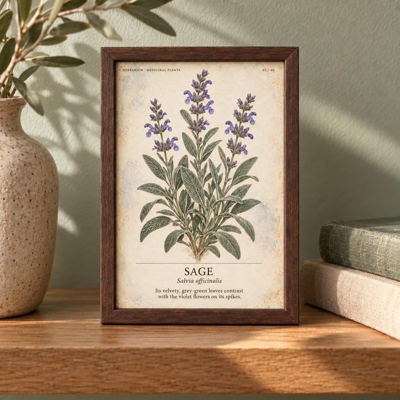 Op de afbeelding: Een ingelijste botanische print met een gedetailleerde illustratie van een salieplant met grijsgroene bladeren en violette bloemen. De tekst luidt SAGE, Salvia officinalis, en bevat een beschrijving van de fluweelzachte bladeren en bloemaren.