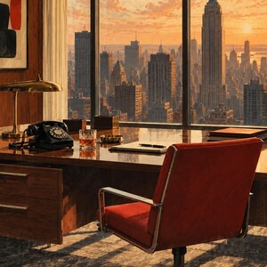 May include: A poster featuring a wood-panelled office with a red chair, a black rotary telephone, a glass of amber liquid, and a brass desk lamp. Through a large window, a New York City skyline is visible at sunset. The text reads Mad Men 2007.