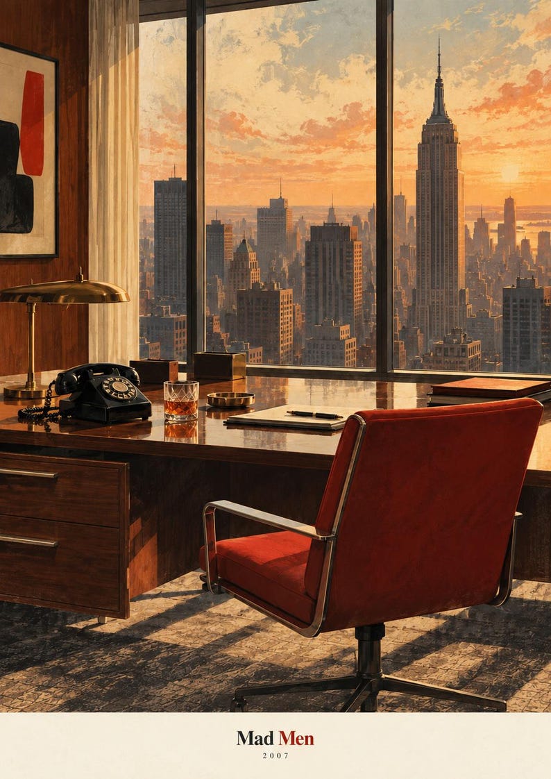 May include: A poster featuring a wood-panelled office with a red chair, a black rotary telephone, a glass of amber liquid, and a brass desk lamp. Through a large window, a New York City skyline is visible at sunset. The text reads Mad Men 2007.