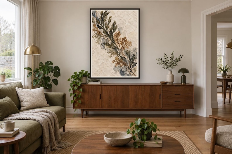 Peut inclure: Une &oelig;uvre d'art murale rectangulaire encadr&eacute;e pr&eacute;sentant une composition diagonale d'&eacute;l&eacute;ments botaniques dans des tons de vert fonc&eacute;, brun et bleu sourd sur un fond beige clair textur&eacute;, expos&eacute;e dans un cadre noir sur un mur.