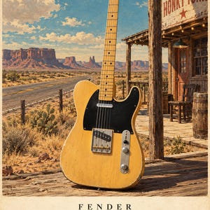 May include: A butterscotch blonde Fender Telecaster electric guitar with a black pickguard, maple neck, and chrome hardware. The instrument is displayed against a desert landscape background with a wooden porch and the text Fender Telecaster 1951.