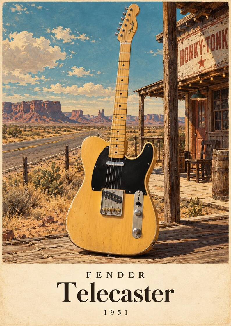 May include: A butterscotch blonde Fender Telecaster electric guitar with a black pickguard, maple neck, and chrome hardware. The instrument is displayed against a desert landscape background with a wooden porch and the text Fender Telecaster 1951.