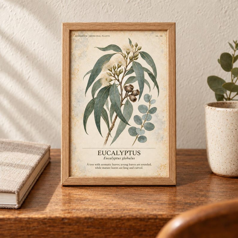 Op de afbeelding: Een ingelijste botanische print met een gedetailleerde illustratie van een eucalyptus-tak met lange groene bladeren, kleine knoppen en zaaddozen. De tekst luidt HERBARIUM MEDICINAL PLANTS, EUCALYPTUS Eucalyptus globulus en een beschrijving.
