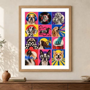 May include: A framed wall art print featuring a grid of twelve colorful squares, each displaying a different dog breed interacting with musical elements like headphones, vinyl records, disco balls, a cassette tape, and a drum set.