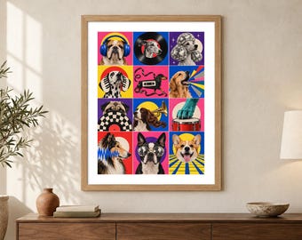 Muziek hondencollage print - Canine Club, kleurrijke disco en vinyl huisdierkunst, A2 digitale download