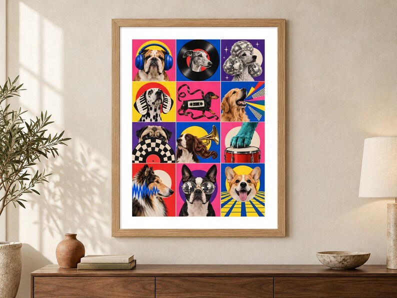 May include: A framed wall art print featuring a grid of twelve colorful squares, each displaying a different dog breed interacting with musical elements like headphones, vinyl records, disco balls, a cassette tape, and a drum set.