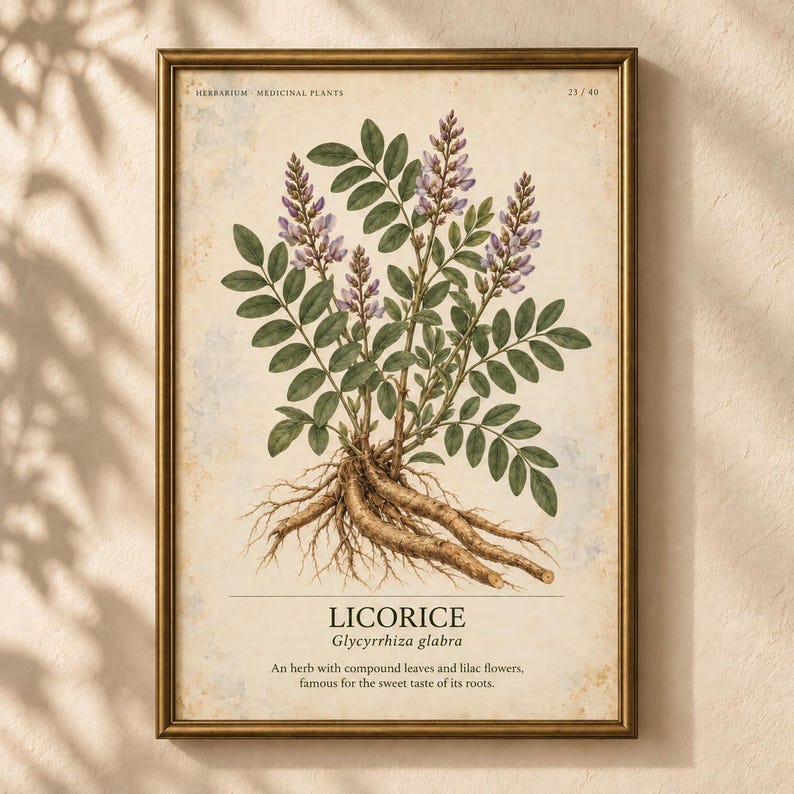 May include: A framed botanical print of a licorice plant with green compound leaves, lilac flowers, and brown roots. The text reads HERBARIUM MEDICINAL PLANTS 23/40, LICORICE, Glycyrrhiza glabra, and a description of the herb's leaves and roots.