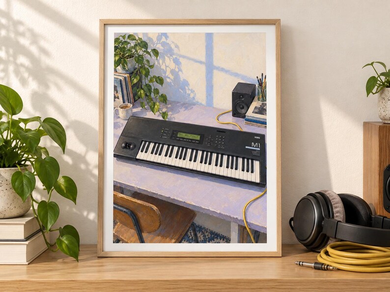 Pode incluir: Uma impress&atilde;o art&iacute;stica emoldurada retratando um sintetizador Korg M1 preto sobre uma mesa violeta clara. A cena inclui uma planta em vaso, um pequeno alto-falante, livros e um cabo amarelo, sob luz natural suave com sombras de janela.