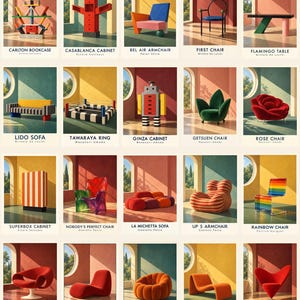May include: A collection of twenty iconic furniture pieces displayed in a grid, including the Carlton bookcase, Casablanca cabinet, Bel Air armchair, First chair, Flamingo table, Lido sofa, Tawaraya ring, Ginza cabinet, Getsuen chair, Rose chair, Superbox cabinet, Nobody's Perfect chair, La Michetta sofa, Up 5 armchair, Rainbow chair, Ribbon chair, Tongue chair, Pumpkin armchair, Djinn chair, and Heart Cone chair.