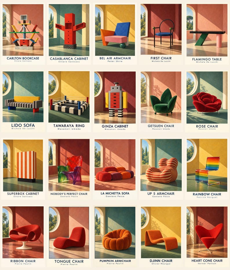 May include: A collection of twenty iconic furniture pieces displayed in a grid, including the Carlton bookcase, Casablanca cabinet, Bel Air armchair, First chair, Flamingo table, Lido sofa, Tawaraya ring, Ginza cabinet, Getsuen chair, Rose chair, Superbox cabinet, Nobody's Perfect chair, La Michetta sofa, Up 5 armchair, Rainbow chair, Ribbon chair, Tongue chair, Pumpkin armchair, Djinn chair, and Heart Cone chair.