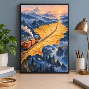May include: A framed wall art print depicting a surreal landscape where a train travels along tracks laid upon a giant golden autumn leaf. The scene features snow-capped mountains, a sunset, a waterfall, and a forest under a misty sky.