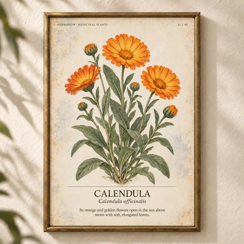 May include: A framed botanical print featuring orange calendula flowers with green leaves. The text reads: HERBARIUM MEDICINAL PLANTS 11/40, CALENDULA, Calendula officinalis, and Its orange and golden flowers open in the sun above stems with soft, elongated leaves.