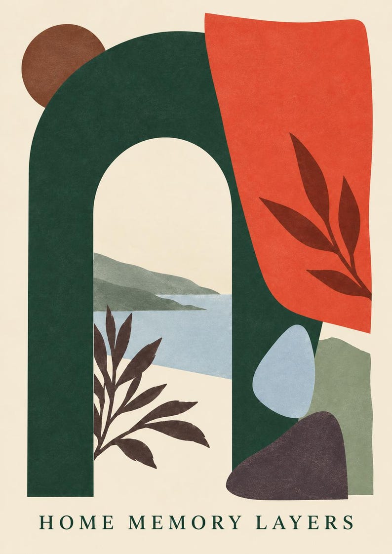 Pu&ograve; includere: Una stampa artistica da parete con un arco verde scuro che incornicia un paesaggio costiero con mare azzurro e colline. La composizione include forme astratte in arancione, azzurro e viola scuro, motivi a foglia e il testo HOME MEMORY LAYERS.