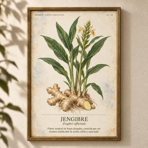 K&ouml;nnte beinhalten: Ein gerahmter botanischer Druck, der eine Ingwerpflanze mit gr&uuml;nen Bl&auml;ttern, einer gelben Bl&uuml;te und einem hellbraunen Rhizom zeigt. Der Text lautet HERBARIO PLANTAS MEDICINALES 21/40, JENGIBRE, Zingiber officinale sowie eine Beschreibung auf Spanisch.