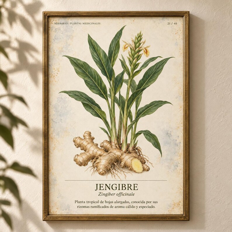 K&ouml;nnte beinhalten: Ein gerahmter botanischer Druck, der eine Ingwerpflanze mit gr&uuml;nen Bl&auml;ttern, einer gelben Bl&uuml;te und einem hellbraunen Rhizom zeigt. Der Text lautet HERBARIO PLANTAS MEDICINALES 21/40, JENGIBRE, Zingiber officinale sowie eine Beschreibung auf Spanisch.