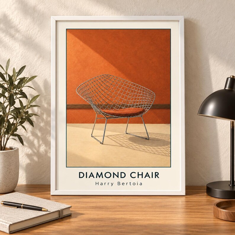 May include: A framed wall art print featuring a wire mesh diamond chair with a rust-colored seat cushion. The background is a two-tone orange and beige wall. The text at the bottom reads DIAMOND CHAIR Harry Bertoia in black capital letters.