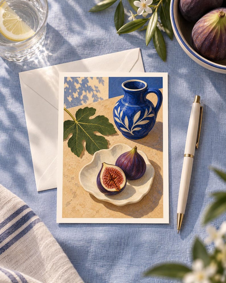 May include: A rectangular postcard featuring a still life illustration of a vibrant blue ceramic pitcher with white leaf patterns, a single green fig leaf, and two purple figs on a scalloped cream-colored plate, all set on a tan surface.