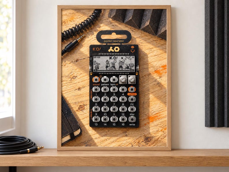 Op de afbeelding: Een zwarte pocket operator synthesizer met een oranje en witte interface en een digitaal scherm met de tekst K.O. en cartoonafbeeldingen. Het apparaat heeft zestien genummerde knoppen, twee zilverkleurige draaiknoppen en een lipje aan de bovenkant.