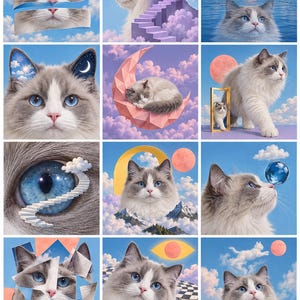 Puede incluir: Un collage de doce im&aacute;genes surrealistas que muestran a un gato ragdoll de ojos azules en diversos entornos on&iacute;ricos, incluyendo escaleras flotantes, lunas geom&eacute;tricas, nubes, una taza de t&eacute; y efectos de espejo fragmentados.