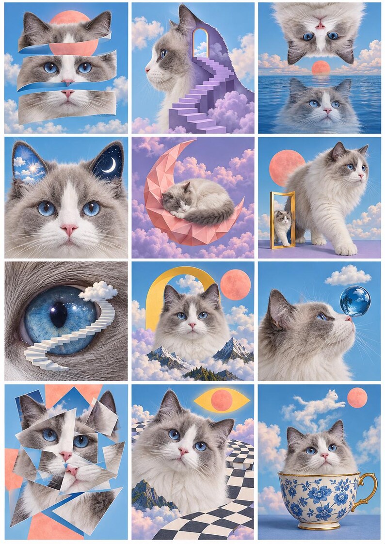 Puede incluir: Un collage de doce im&aacute;genes surrealistas que muestran a un gato ragdoll de ojos azules en diversos entornos on&iacute;ricos, incluyendo escaleras flotantes, lunas geom&eacute;tricas, nubes, una taza de t&eacute; y efectos de espejo fragmentados.