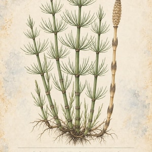 May include: A botanical illustration of Equisetum arvense, or horsetail, featuring green jointed stems with whorled branches and a single brown cone-like strobilus. The text reads HERBARIO PLANTAS MEDICINALES 18/40, COLA DE CABALLO, Equisetum arvense.