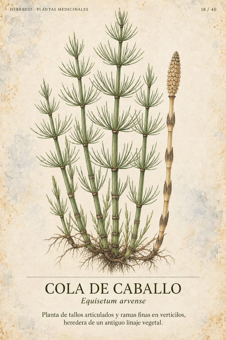 May include: A botanical illustration of Equisetum arvense, or horsetail, featuring green jointed stems with whorled branches and a single brown cone-like strobilus. The text reads HERBARIO PLANTAS MEDICINALES 18/40, COLA DE CABALLO, Equisetum arvense.