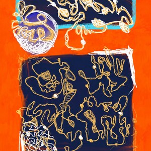 May include: A digital artwork featuring a vibrant orange background with a large dark blue rectangular area containing intricate, thin, light-colored line drawings. Above this, a smaller blue-bordered rectangle holds similar abstract white line art.