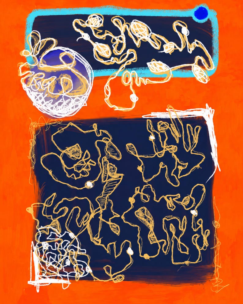May include: A digital artwork featuring a vibrant orange background with a large dark blue rectangular area containing intricate, thin, light-colored line drawings. Above this, a smaller blue-bordered rectangle holds similar abstract white line art.