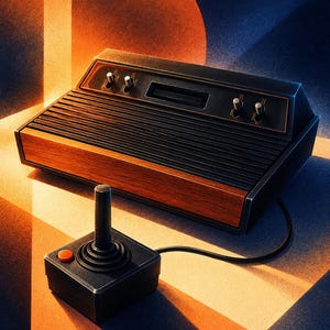 K&ouml;nnte beinhalten: Eine Videospielkonsole im Vintage-Stil mit schwarzer Kunststoffoberfl&auml;che mit horizontalen Rillen, einer Frontplatte in Holzoptik und vier silbernen Kippschaltern. Ein schwarzer Joystick mit einem roten Knopf ist per Kabel verbunden.