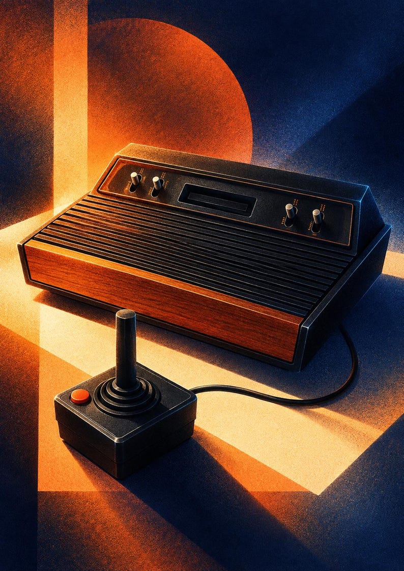 K&ouml;nnte beinhalten: Eine Videospielkonsole im Vintage-Stil mit schwarzer Kunststoffoberfl&auml;che mit horizontalen Rillen, einer Frontplatte in Holzoptik und vier silbernen Kippschaltern. Ein schwarzer Joystick mit einem roten Knopf ist per Kabel verbunden.