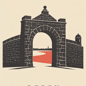 May include: A graphic art print featuring a dark gray stone archway and wall structure against a cream background. Through the central arch, a red path leads toward a distant silhouette of a city skyline. The word DERRY is printed in black below.