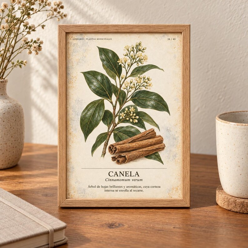 May include: A framed botanical print featuring a detailed illustration of a cinnamon plant with green leaves, small white flowers, and brown cinnamon sticks. The text reads HERBARIO PLANTAS MEDICINALES, CANELA, Cinnamomum verum, and a description in Spanish.