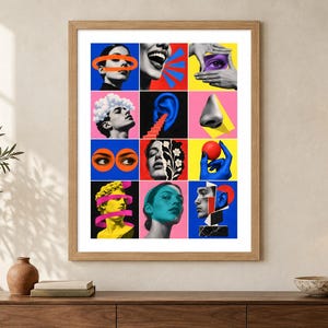May include: A framed wall art print featuring a grid of twelve surrealist collage panels. The artwork displays various human facial features, classical busts, and abstract geometric shapes in vibrant colors including blue, red, yellow, and pink.