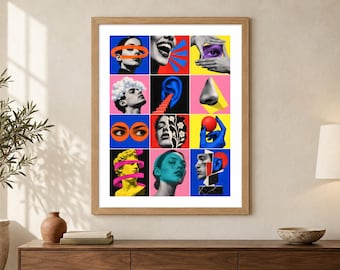 Surrealistische portretcollageprint - Electric Identities, kleurrijk popart-raster, A2 digitale download