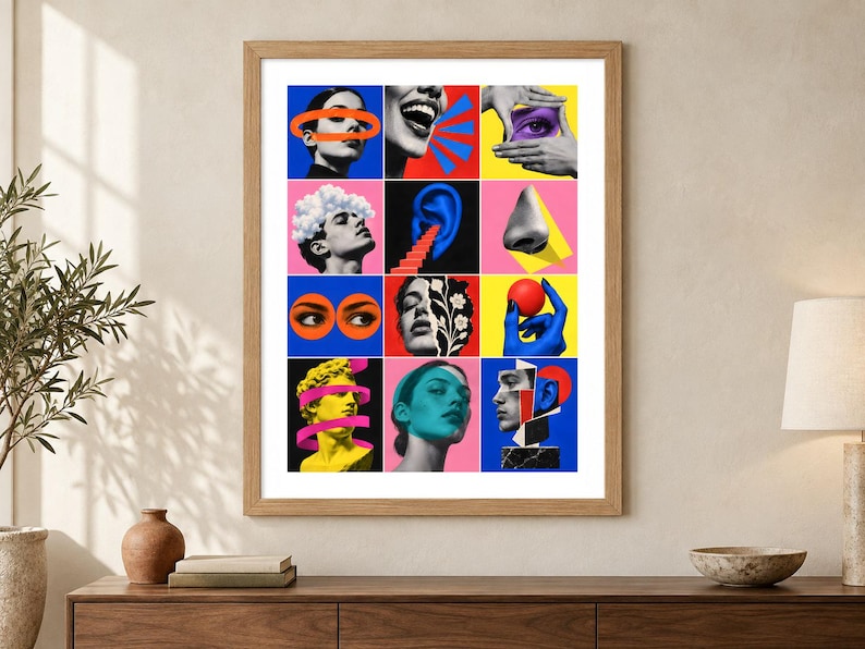 May include: A framed wall art print featuring a grid of twelve surrealist collage panels. The artwork displays various human facial features, classical busts, and abstract geometric shapes in vibrant colors including blue, red, yellow, and pink.