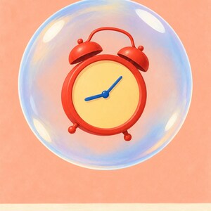 May include: A red twin-bell alarm clock with a pale yellow face and blue hands is suspended inside a large, translucent, spherical bubble. The clock features a rounded frame, two top bells, and small feet, all set against a solid peach background.