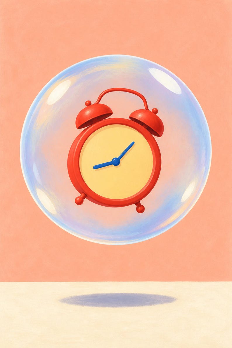 May include: A red twin-bell alarm clock with a pale yellow face and blue hands is suspended inside a large, translucent, spherical bubble. The clock features a rounded frame, two top bells, and small feet, all set against a solid peach background.