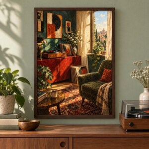 May include: A framed wall art print depicting a cozy interior scene with a dark green armchair, a red cabinet, a record player, and a coffee table. The room features a window overlooking a distant cityscape, warm sunlight, and a patterned rug.