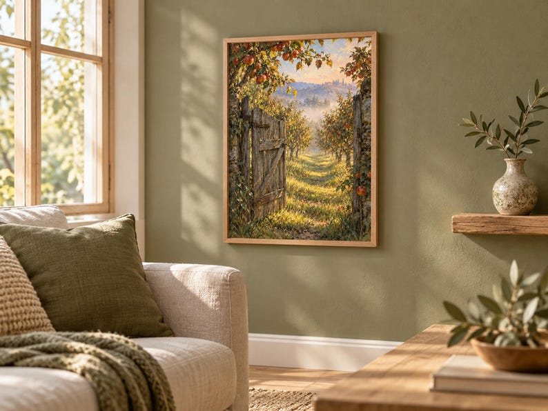 Peut inclure: Une impression d'art murale rectangulaire dans un cadre en bois clair repr&eacute;sentant un portail en bois ouvert menant &agrave; un verger ensoleill&eacute; avec des rang&eacute;es d'arbres, de l'herbe verte et des collines lointaines sous un ciel doux.