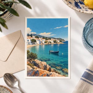 May include: A rectangular art print featuring a coastal landscape with white buildings along a shoreline, a small dark blue boat floating on clear turquoise water, and rocky foreground terrain under a bright blue sky with scattered white clouds.