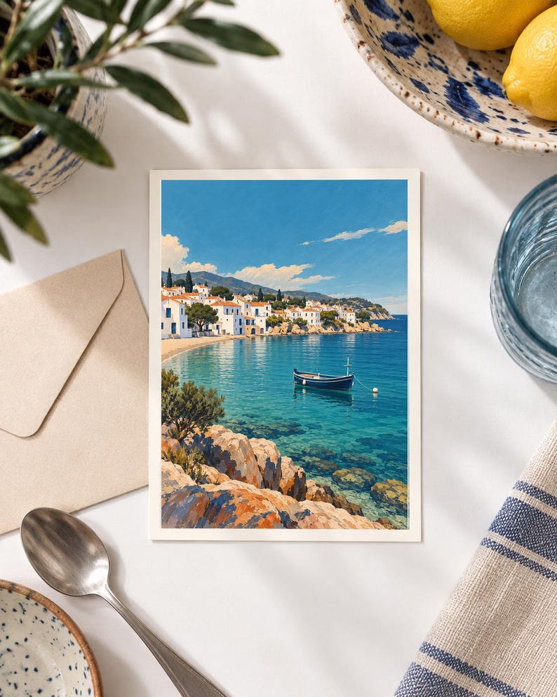 May include: A rectangular art print featuring a coastal landscape with white buildings along a shoreline, a small dark blue boat floating on clear turquoise water, and rocky foreground terrain under a bright blue sky with scattered white clouds.