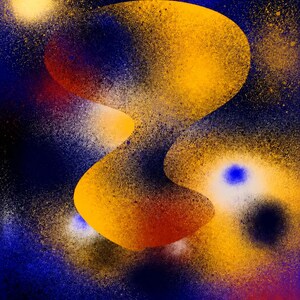 May include: An abstract digital artwork featuring a central, fluid, golden-yellow organic shape with a textured, spray-painted appearance. The background consists of deep blue, purple, and black gradients with scattered yellow and white light speckles.