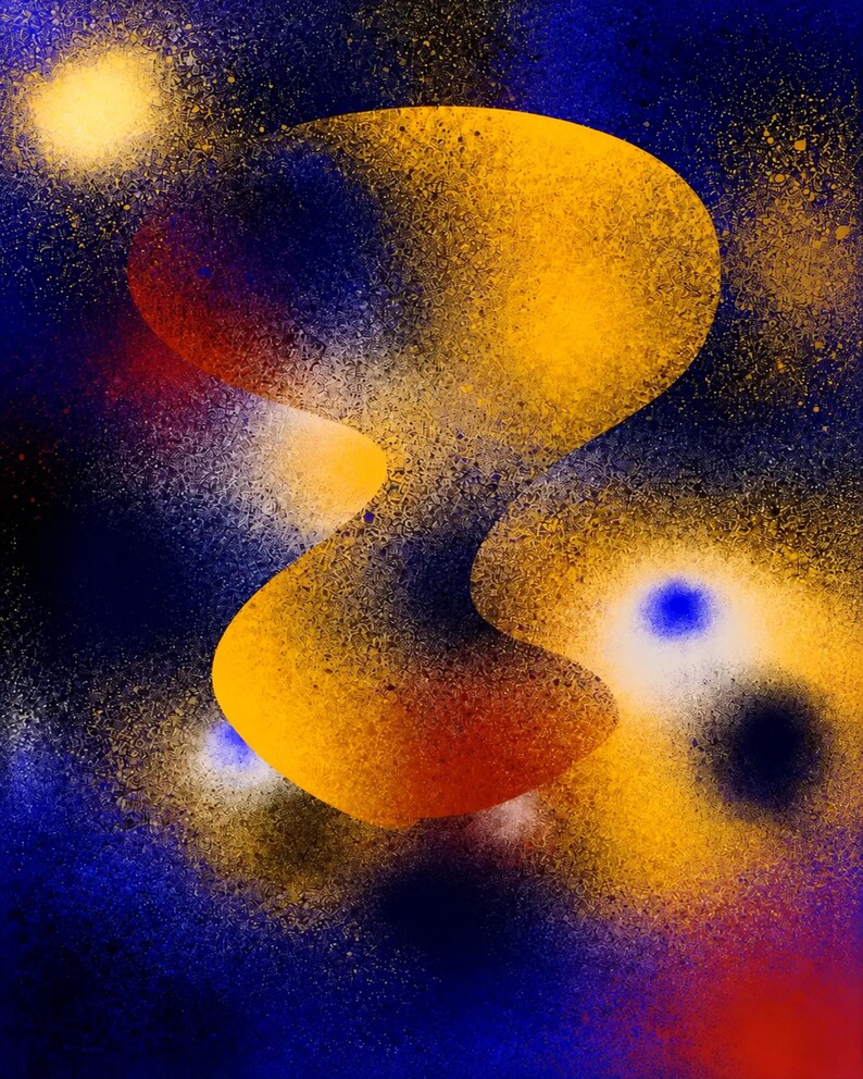 May include: An abstract digital artwork featuring a central, fluid, golden-yellow organic shape with a textured, spray-painted appearance. The background consists of deep blue, purple, and black gradients with scattered yellow and white light speckles.