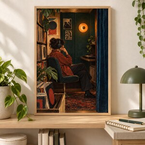May include: A framed wall art print depicting a person wearing headphones and a rust-coloured jacket, seated in a dark green room filled with vinyl records. The scene includes a warm wall lamp, a patterned rug, and abstract wall art, all framed in wood.