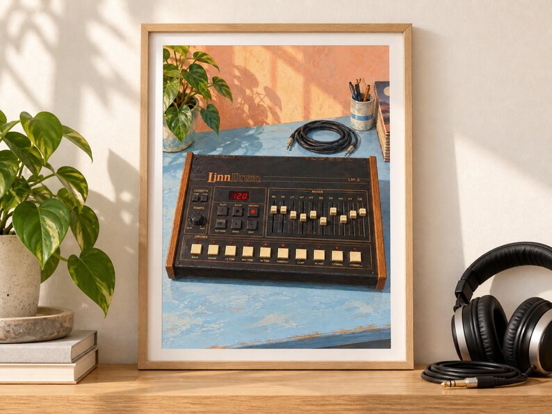K&ouml;nnte beinhalten: Ein gerahmter Druck einer Vintage-Drummaschine LinnDrum LM-2 mit schwarzem Bedienfeld, Holzseitenteilen, mehreren Schiebereglern und quadratischen Tasten. Das Display zeigt den roten digitalen Text 120 auf einer hellblauen Oberfl&auml;che.
