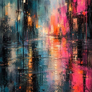 Puede incluir: Una pintura al &oacute;leo abstracta que representa una escena de calle urbana nocturna con textura de empaste. La composici&oacute;n presenta trazos verticales en tonos azul profundo, negro, magenta vibrante y naranja, reflejando luz sobre el suelo.
